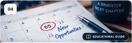 Turning 65 planning calendar, pen, and brighter next chapter message